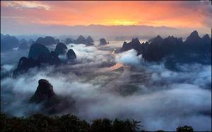 Sunrise on Guilin Karst Mountains